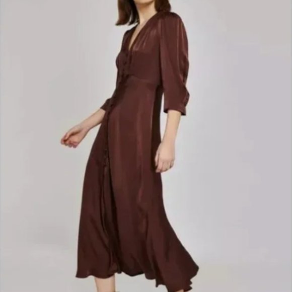 Ghost London Madison Dress Brown Size XS Satin Button Front $260 - Picture 1 of 3
